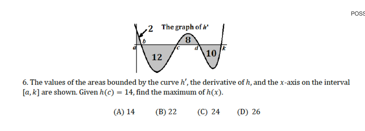 POSS
2 The graph of h'
8,
12
\10
6. The values of the areas bounded by the curve h', the derivative of h, and the x-axis on the interval
[a, k] are shown. Given h(c) = 14, find the maximum of h(x).
(A) 14
(В) 22
(C) 24
(D) 26
