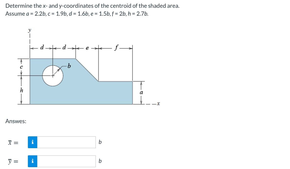 Determine the x- and y-coordinates of the centroid of the shaded area.
Assume a = 2.2b, c = 1.9b, d = 1.6b, e = 1.5b, f = 2b, h = 2.7b.
d
d e
f -
h
Answes:
i
b
y =
i
b
