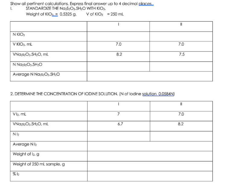 Show all pertinent calculations. Express final answer up to 4 decimal places.
I.
STANDARDIZE THE NazS2O3.5H;O WITH KIO3.
Weight of KIO = 0.5325 g.
Vof KIO3 = 250 ml
N KIO3
V KIO3, ml
7.0
7.0
VNazs2O3.5H2O, mL
8.2
7.5
N NazszO3.5H20
Average N NazszO3.5H;O
2. DETERMINE THE CONCENTRATION OF IODINE SOLUTION. (N of lodine solution 0.0584N)
Vl, mL
7
7.0
VNA2S2O3.5H2O, mL
6.7
8.2
NI2
Average N2
Weight of I2, g
Weight of 250 mL sample, g
% 12
