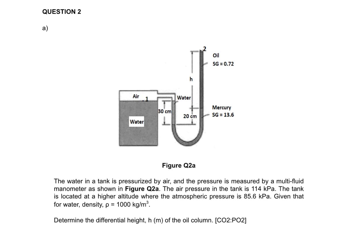 QUESTION 2
a)
Air
Water
30 cm
h
Water
20 cm
Oil
SG = 0.72
Mercury
SG = 13.6
Figure Q2a
The water in a tank is pressurized by air, and the pressure is measured by a multi-fluid
manometer as shown in Figure Q2a. The air pressure in the tank is 114 kPa. The tank
is located at a higher altitude where the atmospheric pressure is 85.6 kPa. Given that
for water, density, p = 1000 kg/m³.
Determine the differential height, h (m) of the oil column. [CO2:PO2]