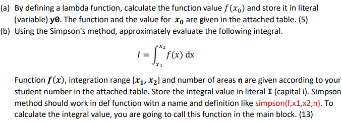 (a) By defining a lambda function, calculate the function value f (x,) and store it in literal
(variable) ye. The function and the value for xo are given in the attached table. (5)
(b) Using the Simpson's method, approximately evaluate the following integral.
=| f(x) dx
Function f(x), integration range [x1, x2] and number of areas n are given according to your
student number in the attached table. Store the integral value in literal I (capital i). Simpson
method should work in def function witn a name and definition like simpson(f,x1,x2,n). To
calculate the integral value, you are going to call this function in the main block. (13)
