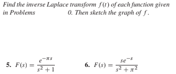 Find the inverse Laplace transform f(t) of each function given
0. Then sketch the graph of f .
in Problems
5. F(s) =
se
6. F(s) =
s2 +1
s2 +12
