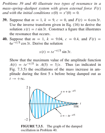 Problems 39 and 40 illustrate two types of resonance in a
mass-spring-dashpot system with given external force F(t)
and with the initial conditions x (0) = x'(0) = 0.
39. Suppose that m = 1, k = 9, c = 0, and F(t) = 6cos 31.
Use the inverse transform given in Eq. (16) to derive the
solution x(1) = t sin 3t. Construct a figure that illustrates
the resonance that occurs.
40. Suppose that m = 1, k = 9.04, c = 0.4, and F(t) =
6e-i/5 cos 3t. Derive the solution
x(1) = te/5 sin 3t.
Show that the maximum value of the amplitude function
A(t) = te-t/5 is A(5) = 5/e. Thus (as indicated in
Fig. 7.3.5) the oscillations of the mass increase in am-
plitude during the first 5 s before being damped out as
t + +0o.
X= + te -s
10n
*=- te -5
FIGURE 7.3.5. The graph of the damped
oscillation in Problem 40.

