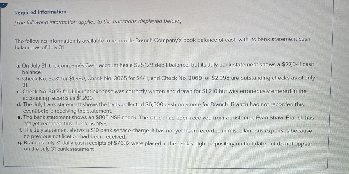 Required information
[The following information applies to the questions displayed below.]
The following information is available to reconcile Branch Company's book balance of cash with its bank statement cash
balance as of July 31.
a. On July 31, the companys Cash account has a $25,129 debit balance, but its July bank statement shows a $27,041 cash
balance.
b. Check No. 3031 for $1,330, Check No. 3065 for $441, and Check No. 3069 for $2,098 are outstanding checks as of July
31.
c. Check No. 3056 for July rent expense was correctly written and drawn for $1,210 but was erroneously entered in the
accounting records as $1,200.
d. The July bank statement shows the bank collected $6,500 cash on a note for Branch. Branch had not recorded this
event before receiving the statement
e. The bank statement shows an $805 NSF check. The check had been received from a customer, Evan Shaw Branch has
not yet recorded this check as NSF.
f. The July statement shows a $10 bank service charge. It has not yet been recorded in miscellaneous expenses because
no previous notification had been received.
g. Branch's July 31 daily cash receipts of $7,632 were placed in the bank's night depository on that date but do not appear
on the July 31 bank statement.

