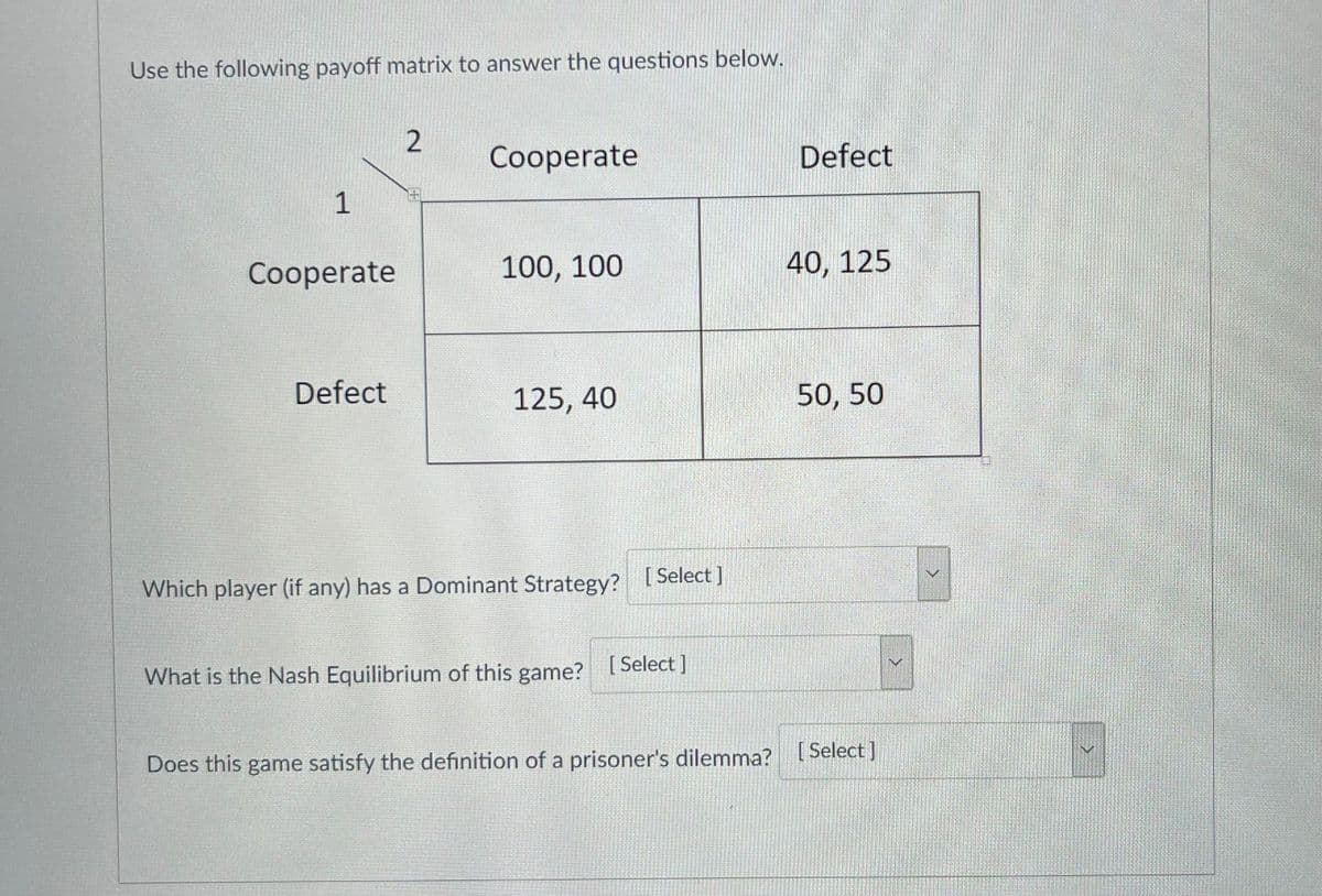 Use the following payoff matrix to answer the questions below.
Cooperate
Defect
1
Cooperate
100, 100
40, 125
Defect
125, 40
50, 50
Which player (if any) has a Dominant Strategy?
[ Select ]
What is the Nash Equilibrium of this game? [ Select ]
Does this game satisfy the definition of a prisoner's dilemma? [ Select ]
