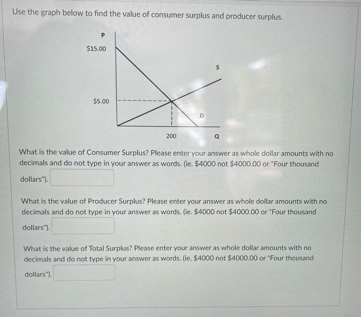Use the graph below to find the value of consumer surplus and producer surplus.
P.
$15.00
$5.00
200
Q
What is the value of Consumer Surplus? Please enter your answer as whole dollar amounts with no
decimals and do not type in your answer as words. (ie. $4000 not $4000.00 or "Four thousand
dollars").
What is the value of Producer Surplus? Please enter your answer as whole dollar amounts with no
decimals and do not type in your answer as words. (ie. $4000 not $4000.00 or "Four thousand
dollars").
What is the value of Total Surplus? Please enter your answer as whole dollar amounts with no
decimals and do not type in your answer as words. (ie. $4000 not $4000.00 or "Four thousand
dollars").

