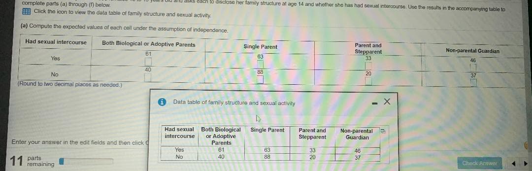 dlu asks each to disclose her family structure at age 14 and whether she has had sexual intercourse. Use the results in the accompanying table to
complete parts (a) through (f) below.
A Click the icon
view the data table of family structure and sexual activity.
(a) Compute the expected values of each cell under the assumption of independence:
Had sexual intercourse
Both Biological or Adoptive Parents
Parent and
Stepparent
Single Parent
Non-parental Guardian
Yes
63
46
40
No
88
20
37
(Round to two decimal places as needed.)
Data table of family structure and sexual activity
Had sexual Both Biological
or Adoptive
Parents
Single Parent
Parent and
Non-parental
Guardian
intercourse
Stepparent
Enter your answer in the edit fields and then click C
Yes
61
63
46
11 parts
remaining
No
40
88
20
37
Check Answer
