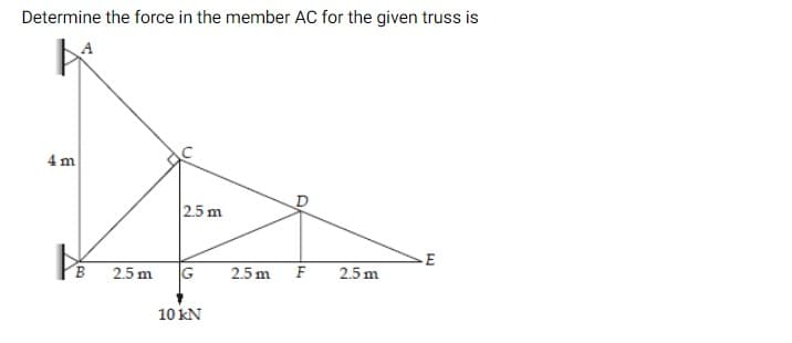 Determine the force in the member AC for the given truss is
4 m
2.5 m
2.5 m
G
2.5 m
F
2.5 m
10 kN
