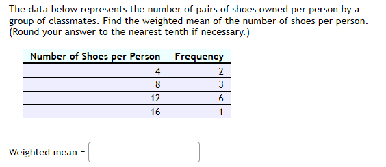 The data below represents the number of pairs of shoes owned per person by a
group of classmates. Find the weighted mean of the number of shoes per person.
(Round your answer to the nearest tenth if necessary.)
Number of Shoes per Person
Frequency
4
2
8
3
12
6
16
1
Weighted mean
