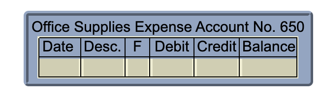 Office Supplies Expense Account No. 650
Date Desc. F Debit Credit Balance