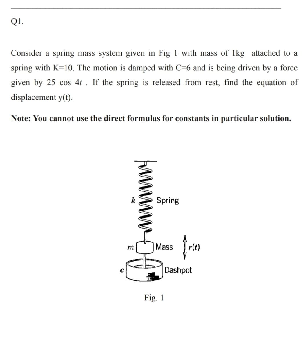 QI.
Consider a spring mass system given in Fig 1 with mass of 1kg attached to a
spring with K=10. The motion is damped with C=6 and is being driven by a force
given by 25 cos 4t . If the spring is released from rest, find the equation of
displacement y(t).
Note: You cannot use the direct formulas for constants in particular solution.
Spring
Mass
r(t)
Dashpot
Fig. 1
