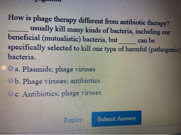 How is phage therapy different from antibiotic therapy?
usually kill many kinds of bacteria, including our
beneficial (mutualistic) bacteria, but
can be
specifically selected to kill one type of harmful (pathogenic)
bacteria.
a. Plasmids: phage viruses
b. Phage viruses: antibiotics
Oc. Antibiotics: phage viruses
Replay Submit Answer