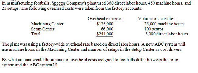 In manufacturing footballs, Spector Company's plant used 360 direct labor hours, 450 machine hours, and
23 setups. The following overhead costs were taken from the factory accounts:
Machining Center
Setup Center
Total
Overhead expenses:
$175,000
66,000
$241,000
Volume of activities:
25,000 machine hours
100 setups
5,000 direct labor hours
The plant was using a factory-wide overhead rate based on direct labor hours. A new ABC system will
use machine hours in the Machining Center and number of setups in the Setup Center as cost drivers.
By what amount would the amount of overhead costs assigned to footballs differ between the prior
system and the ABC system? $_