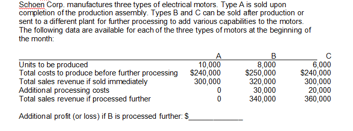 Schoen Corp. manufactures three types of electrical motors. Type A is sold upon
completion of the production assembly. Types B and C can be sold after production or
sent to a different plant for further processing to add various capabilities to the motors.
The following data are available for each of the three types of motors at the beginning of
the month:
Units to be produced
Total costs to produce before further processing
Total sales revenue if sold immediately
Additional processing costs
Total sales revenue if processed further
Additional profit (or loss) if B is processed further: $
A
10,000
$240,000
300,000
0
0
B
8,000
$250,000
320,000
30,000
340,000
6,000
$240,000
300,000
20,000
360,000