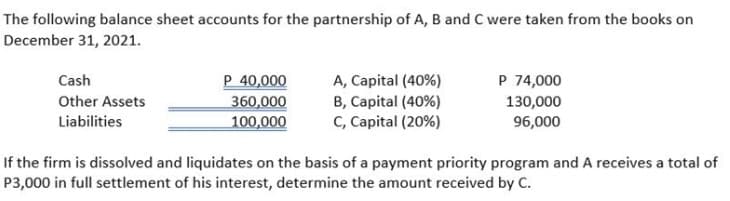 The following balance sheet accounts for the partnership of A, B and C were taken from the books on
December 31, 2021.
Cash
P 40,000
P 74,000
A, Capital (40%)
B, Capital (40%)
C, Capital (20%)
Other Assets
360,000
100,000
130,000
Liabilities
96,000
If the firm is dissolved and liquidates on the basis of a payment priority program and A receives a total of
P3,000 in full settlement of his interest, determine the amount received by C.
