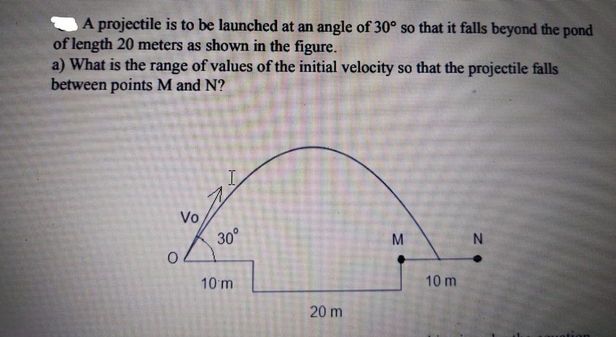 A projectile is to be launched at an angle of 30° so that it falls beyond the pond
of length 20 meters as shown in the figure.
a) What is the range of values of the initial velocity so that the projectile falls
between points M and N?
Vo
30°
M
10m
10 m
20 m
