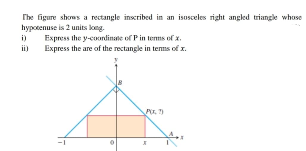 The figure shows a rectangle inscribed in an isosceles right angled triangle whose
hypotenuse is 2 units long.
Express the y-coordinate of P in terms of x.
Express the are of the rectangle in terms of x.
i)
ii)
P(x, ?)
