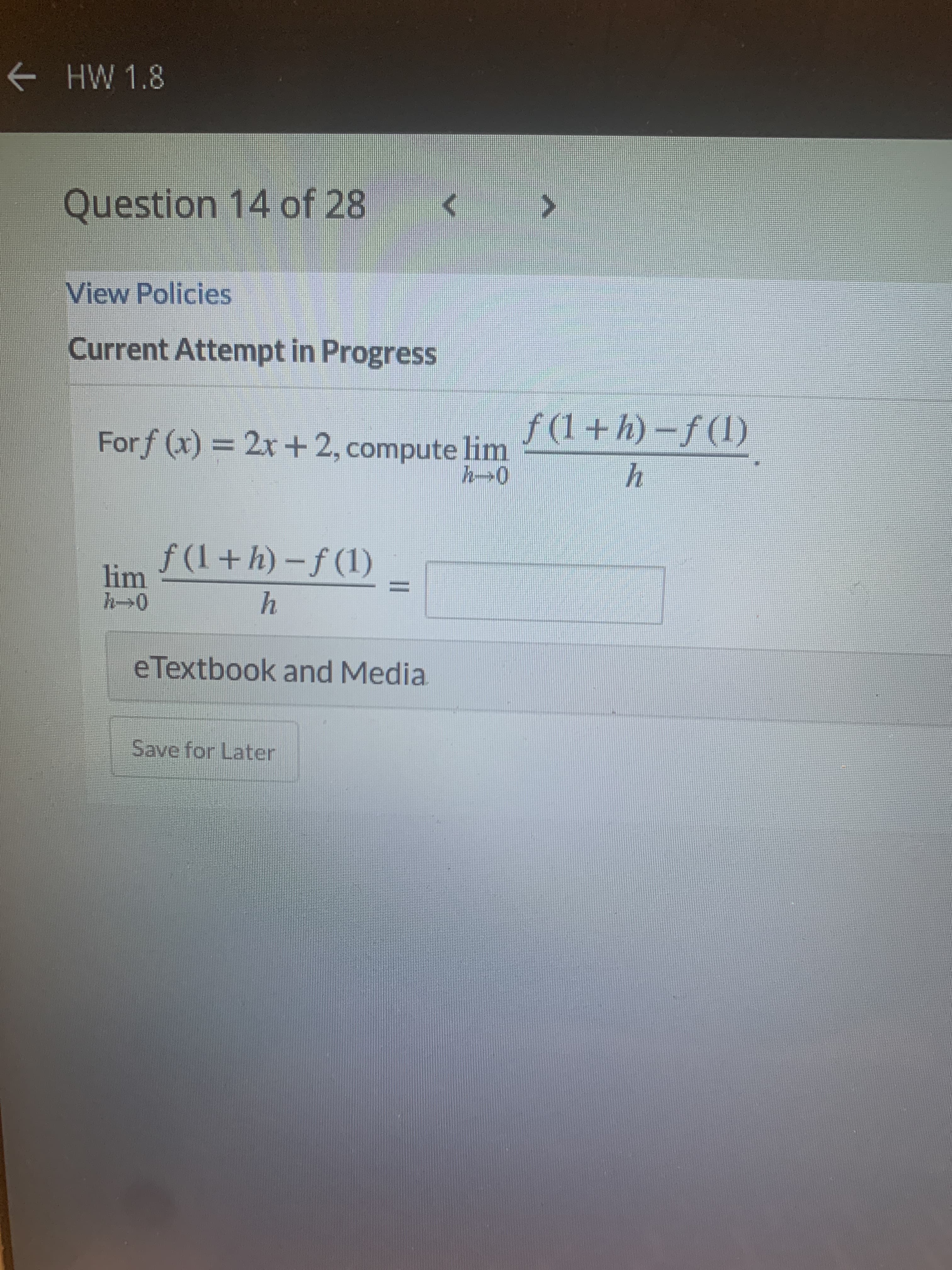 Forf (x) = 2x +2, compute lim
ƒ(1+h) –f (1)
%3D
f(I+h) -f (1)
lim
h>0
%D
h
