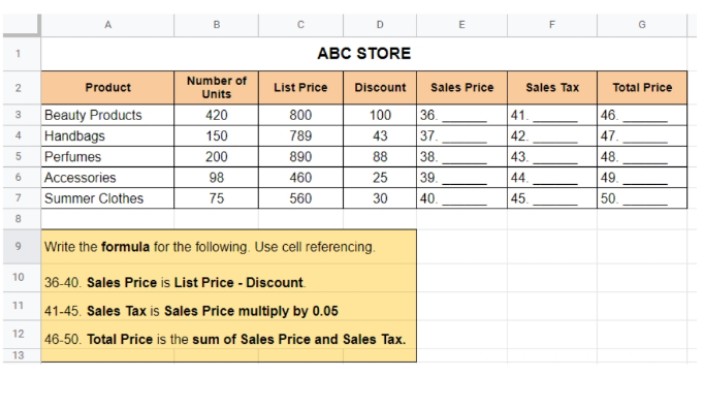 ABC STORE
Number of
2.
Product
List Price
Discount
Sales Price
Sales Tax
Total Price
Units
36.
37.
38.
39.
40.
41.
46
47.
48.
49
50
Beauty Products
420
800
100
3
Handbags
150
789
43
42
4.
Perfumes
200
890
88
43.
6.
Accessories
98
460
25
44.
7.
Summer Clothes
75
560
30
45
8.
Write the formula for the following. Use cell referencing.
9
10
36-40. Sales Price is List Price - Discount
11
41-45. Sales Tax is Sales Price multiply by 0.05
12
46-50. Total Price is the sum of Sales Price and Sales Tax.
13
