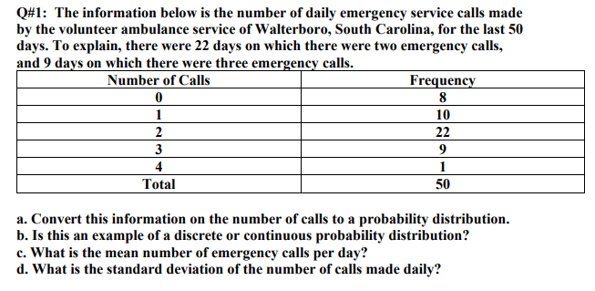 Q#1: The information below is the number of daily emergency service calls made
by the volunteer ambulance service of Walterboro, South Carolina, for the last 50
days. To explain, there were 22 days on which there were two emergency calls,
and 9 days on which there were three emergency calls.
Number of Calls
Frequency
8
10
22
1
2
3
9
4
1
50
Total
a. Convert this information on the number of calls to a probability distribution.
b. Is this an example of a discrete or continuous probability distribution?
c. What is the mean number of emergency calls per day?
d. What is the standard deviation of the number of calls made daily?
