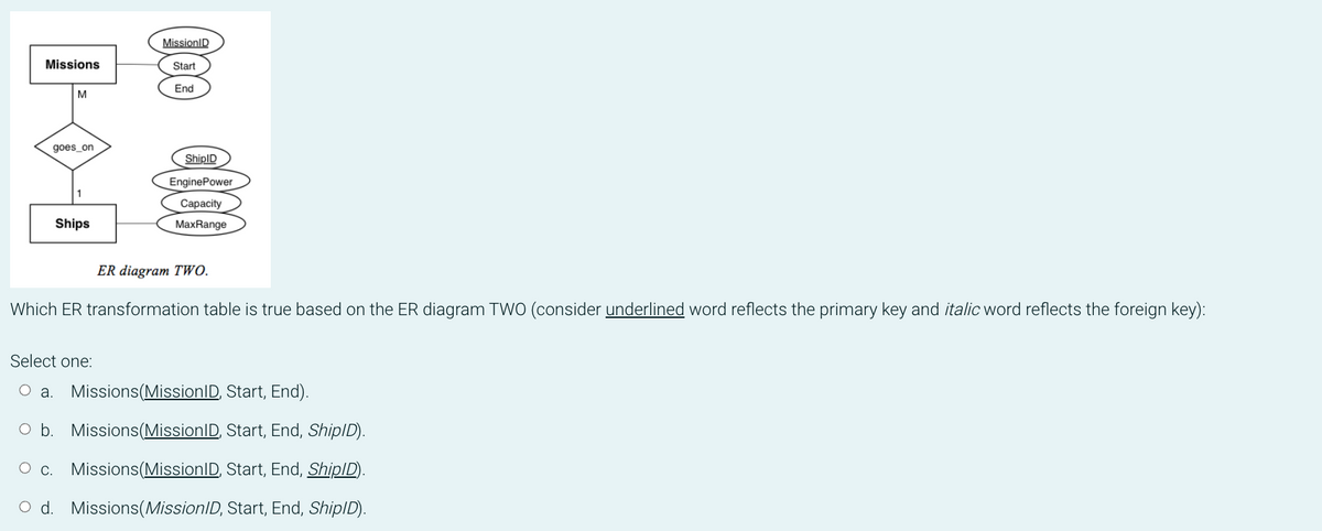 MissionID
Missions
Start
End
M
goes_on
ShiplD
EnginePower
1
Сарacity
Ships
MaxRange
ER diagram TWO.
Which ER transformation table is true based on the ER diagram TWO (consider underlined word reflects the primary key and italic word reflects the foreign key):
Select one:
О а.
Missions(MissionID, Start, End).
O b. Missions(MissionID, Start, End, ShiplD).
O c. Missions(MissionID, Start, End, ShipID).
O d. Missions(MissionID, Start, End, ShiplD).
