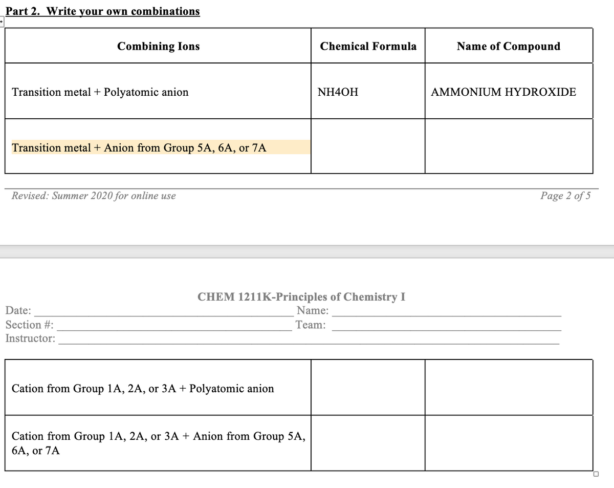 Part 2. Write your own combinations
Combining Ions
Chemical Formula
Name of Compound
Transition metal + Polyatomic anion
NH4OH
AMMONIUM HYDROXIDE
Transition metal + Anion from Group 5A, 6A, or 7A
Revised: Summer 2020 for online use
Page 2 of 5
CHEM 1211K-Principles of Chemistry I
Date:
Name:
Section #:
Team:
Instructor:
Cation from Group 1A, 2A, or 3A + Polyatomic anion
Cation from Group 1A, 2A, or 3A + Anion from Group 5A,
6A, or 7A
