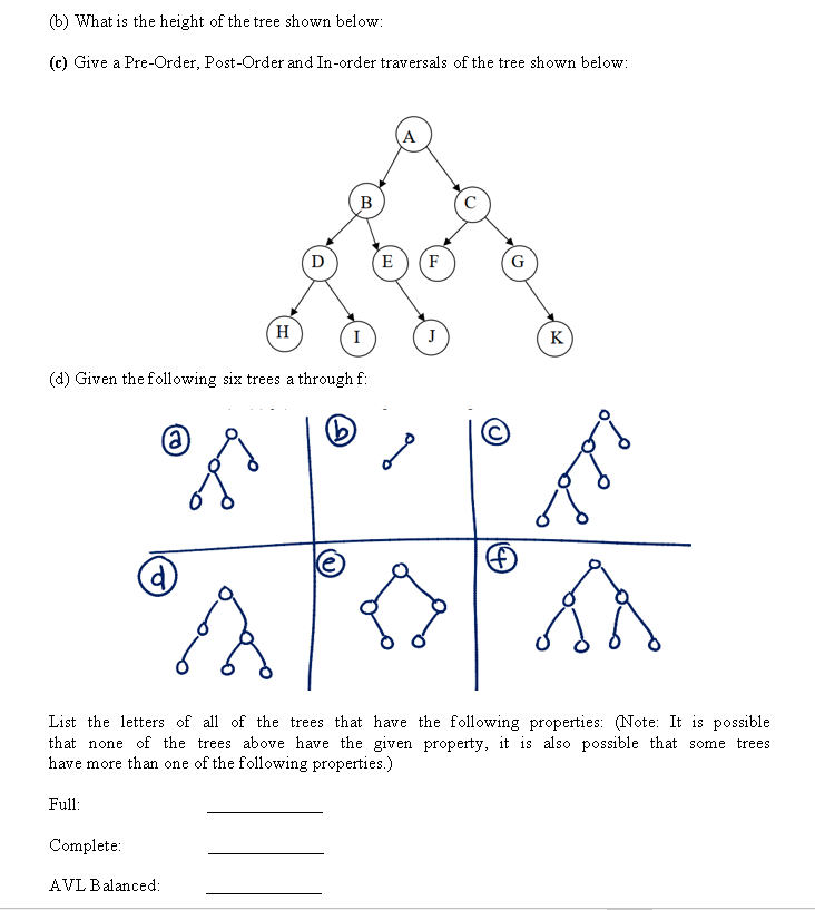 (b) What is the height of the tree shown below:
(c) Give a Pre-Order, Post-Order and In-order traversals of the tree shown below:
A
B
D
(E
F
H.
I
J
K
(d) Given the following six trees a through f:
List the letters of all of the trees that have the following properties: (Note: It is possible
that none of the trees above have the given property, it is also possible that some trees
have more than one of the following properties.)
Full:
Complete:
AVL Balanced:
