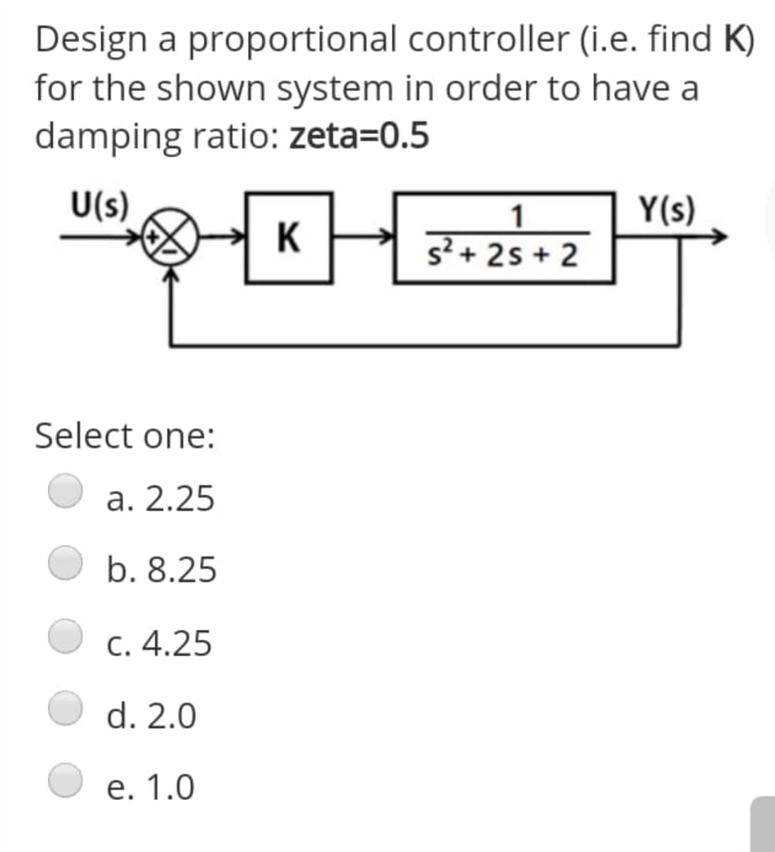 Design a proportional controller (i.e. find K)
for the shown system in order to have a
damping ratio: zeta=0.5
U(s)
Y(s)
1
s? + 2s + 2
K
Select one:
а. 2.25
b. 8.25
C. 4.25
d. 2.0
e. 1.0
