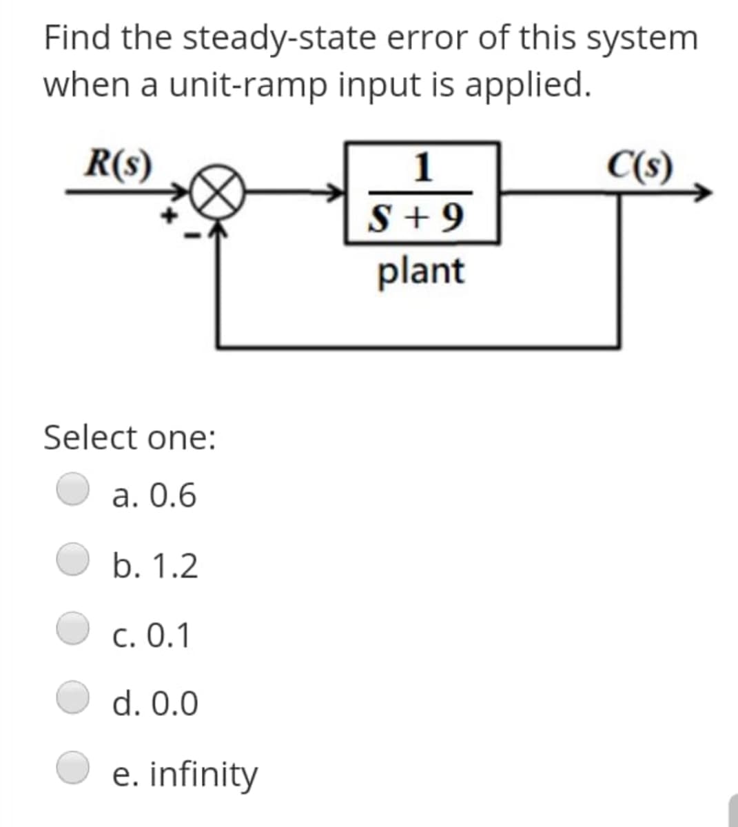 Find the steady-state error of this system
when a unit-ramp input is applied.
R(s)
1
C(s)
S + 9
plant
Select one:
а. О.6
b. 1.2
с. 0.1
d. 0.0
e. infinity
