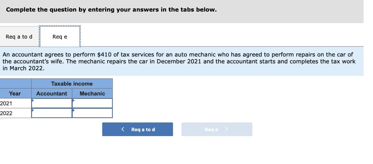 Complete the question by entering your answers in the tabs below.
Req a to d
Req e
An accountant agrees to perform $410 of tax services for an auto mechanic who has agreed to perform repairs on the car of
the accountant's wife. The mechanic repairs the car in December 2021 and the accountant starts and completes the tax work
in March 2022.
Taxable income
Year
Accountant
Mechanic
2021
2022
< Req a to d
Req e
