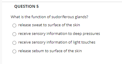 "hat is the function of sudoriferous glands?
O release sweat to surface of the skin
O receive sensory information to deep pressures
O receive sensory information of light touches
O release sebum to surface of the skin
