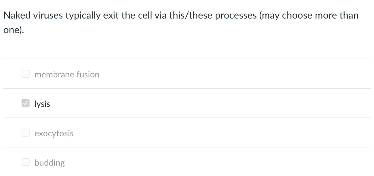 Naked viruses typically exit the cell via this/these processes (may choose more than
one).
membrane fusion
lysis
exocytosis
budding