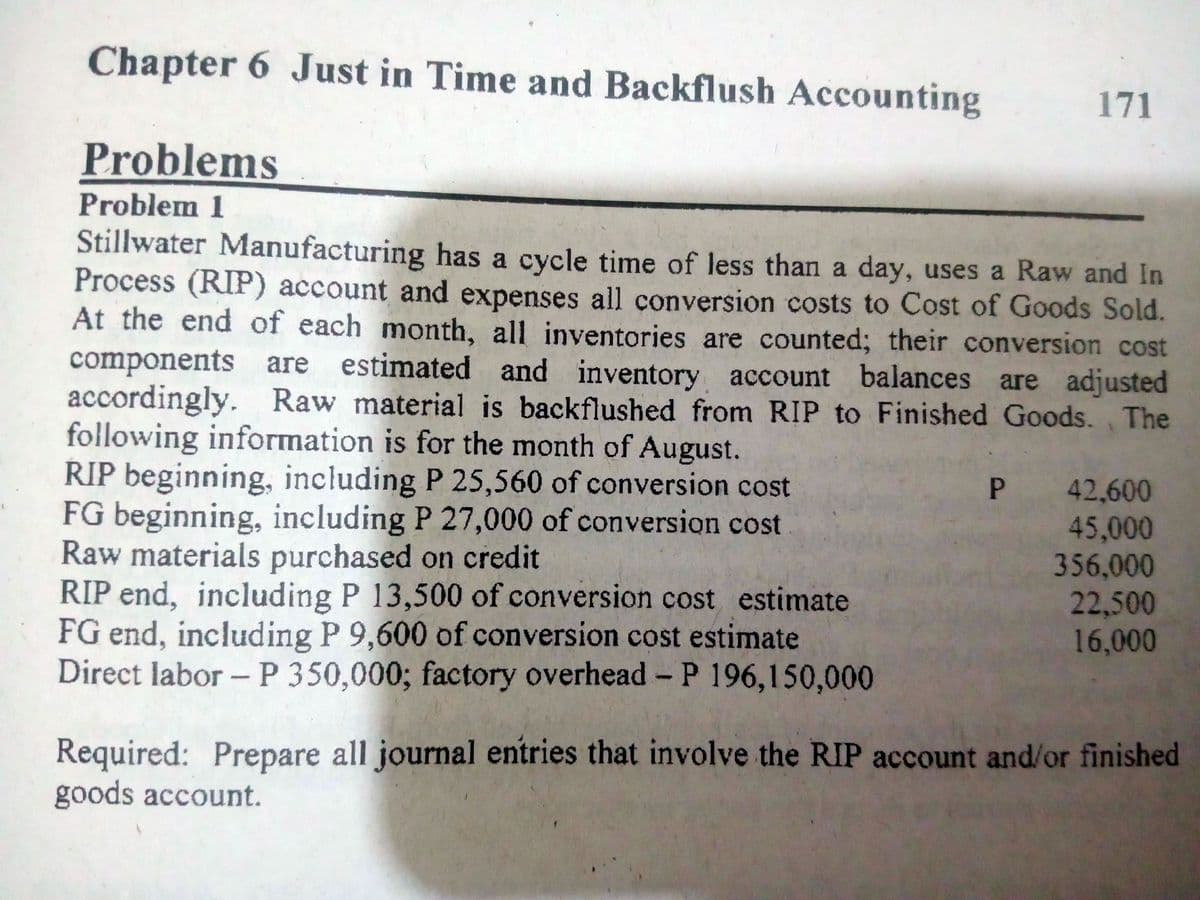 Chapter 6 Just in Time and Backflush Accounting
171
Problems
Problem 1
Stillwater Manufacturing has a cycle time of less than a day, uses a Raw and In
Process (RIP) account and expenses all conversion costs to Cost of Goods Sold.
At the end of each month, all inventories are counted; their conversion cost
components are estimated and inventory account balances are adjusted
accordingly. Raw material is backflushed from RIP to Finished Goods. The
following information is for the month of August.
RIP beginning, including P 25,560 of conversion cost
FG beginning, including P 27,000 of conversion cost
Raw materials purchased on credit
RIP end, including P 13,500 of conversion cost estimate
FG end, including P 9,600 of conversion cost estimate
Direct labor - P 350,000; factory overhead- P 196,150,000
P 42,600
45,000
356,000
22,500
16,000
Required: Prepare all journal entries that involve the RIP account and/or finished
goods account.
