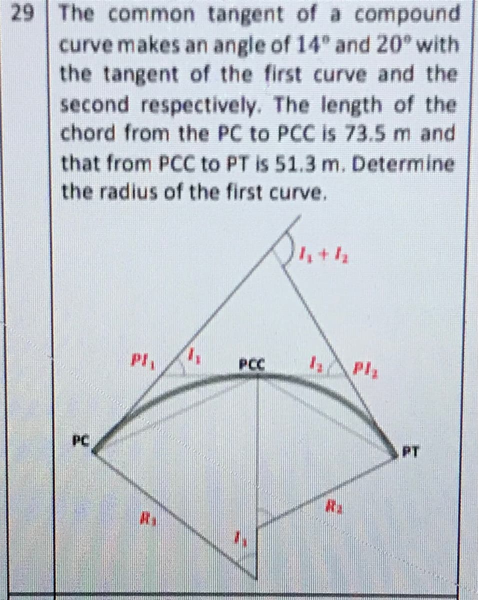 29 The common tangent of a compound
curve makes an angle of 14" and 20° with
the tangent of the first curve and the
second respectively. The length of the
chord from the PC to PCC is 73.5 m and
that from PCC to PT is 51.3 m. Determine
the radius of the first curve.
PCC
PC
PT
As.
