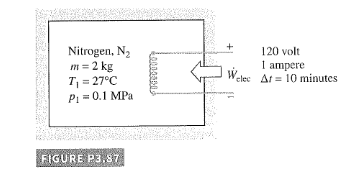 Nitrogen, N₂
m = 2 kg
T₁ = 27°C
P₁ = 0.1 MPa
FIGURE P3.87
120 volt
I ampere
Welec Af = 10 minutes