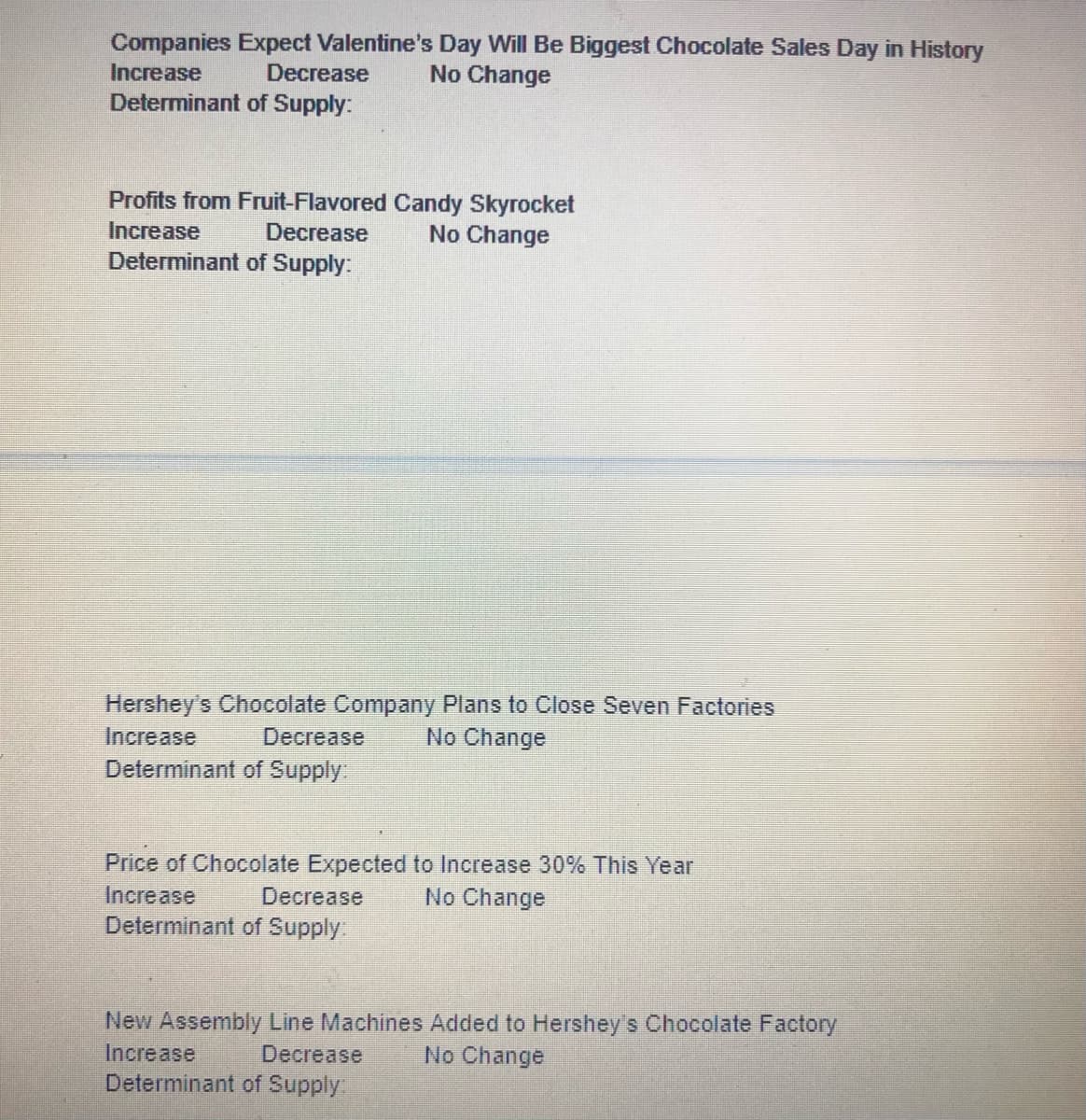 Companies Expect Valentine's Day Will Be Biggest Chocolate Sales Day in History
No Change
Increase
Decrease
Determinant of Supply:
Profits from Fruit-Flavored Candy Skyrocket
Increase
Decrease
No Change
Determinant of Supply:
Hershey's Chocolate Company Plans to Close Seven Factories
No Change
Increase
Decrease
Determinant of Supply:
Price of Chocolate Expected to Increase 30% This Year
Increase
Decrease
No Change
Determinant of Supply:
New Assembly Line Machines Added to Hershey's Chocolate Factory
Increase
Decrease
No Change
Determinant of Supply:
