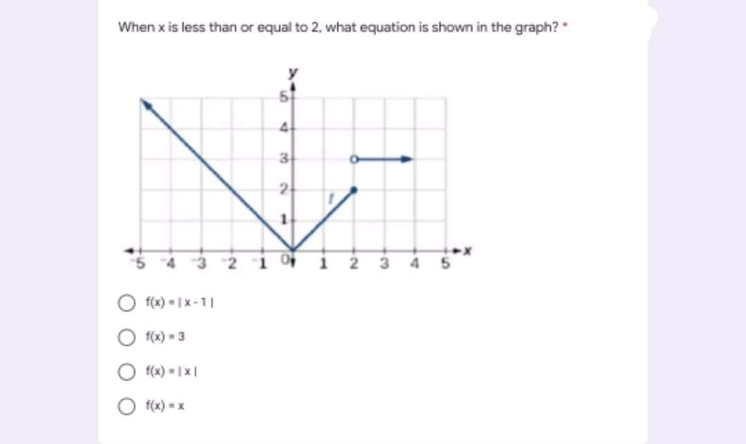 When x is less than or equal to 2, what equation is shown in the graph?
4.
3
5 4 3
i i 23
f(x) - |x -1|
f(x) - 3
f(x) - Ix|
f(x) = x
