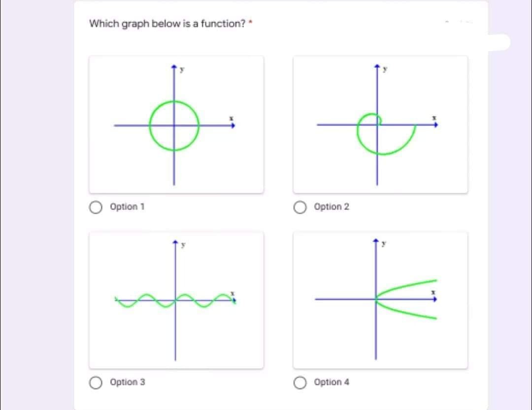 Which graph below is a function? *
Option 1
Option 2
Option 3
Option 4
