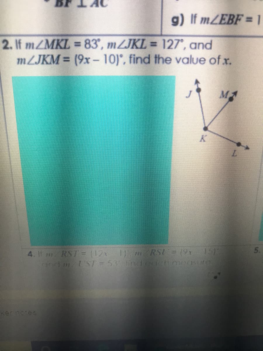 .If MZMKL 83', MZJKL = 127, and
MZJKM = (9x -10), find the value of x.
%3D
%3D
M
