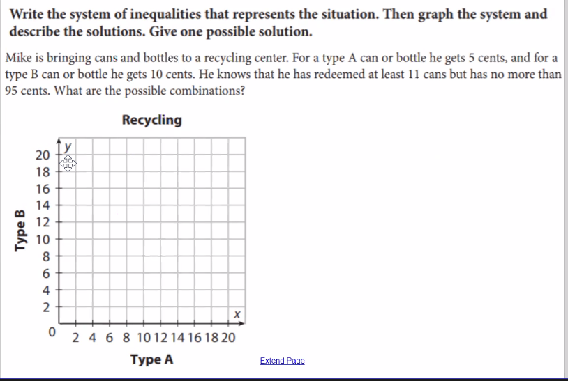 Write the system of inequalities that represents the situation. Then graph the system and
describe the solutions. Give one possible solution.
Mike is bringing cans and bottles to a recycling center. For a type A can or bottle he gets 5 cents, and for a
type B can or bottle he gets 10 cents. He knows that he has redeemed at least 11 cans but has no more than
95 cents. What are the possible combinations?
Recycling
ty
20
18
16
14
12
10
6
4
O 2 4 6 8 10 12 14 16 18 20
Турe A
Extend Page
Туре В
