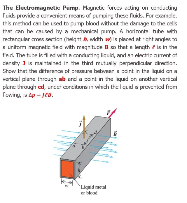 The Electromagnetic Pump. Magnetic forces acting on conducting
fluids provide a convenient means of pumping these fluids. For example,
this method can be used to pump blood without the damage to the cells
that can be caused by a mechanical pump. A horizontal tube with
rectangular cross section (height h, width w) is placed at right angles to
a uniform magnetic field with magnitude B so that a length e is in the
field. The tube is filled with a conducting liquid, and an electric current of
density J is maintained in the third mutually perpendicular direction.
Show that the difference of pressure between a point in the liquid on a
vertical plane through ab and a point in the liquid on another vertical
plane through cd, under conditions in which the liquid is prevented from
flowing, is Ap = J€B.
B
`Liquid metal
or blood
