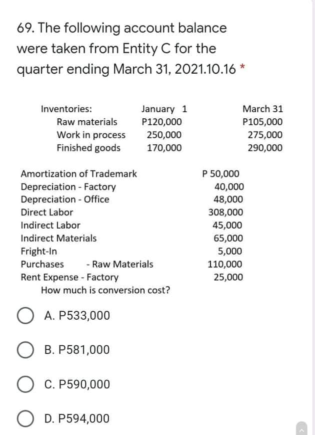 69. The following account balance
were taken from Entity C for the
quarter ending March 31, 2021.10.16 *
January 1
P120,000
Inventories:
March 31
Raw materials
P105,000
Work in process
Finished goods
250,000
275,000
170,000
290,000
Amortization of Trademark
P 50,000
Depreciation - Factory
Depreciation - Office
40,000
48,000
Direct Labor
308,000
Indirect Labor
45,000
Indirect Materials
65,000
Fright-In
5,000
Purchases
- Raw Materials
110,000
Rent Expense - Factory
25,000
How much is conversion cost?
O A. P533,000
O B. P581,000
C. P590,000
O D. P594,000
