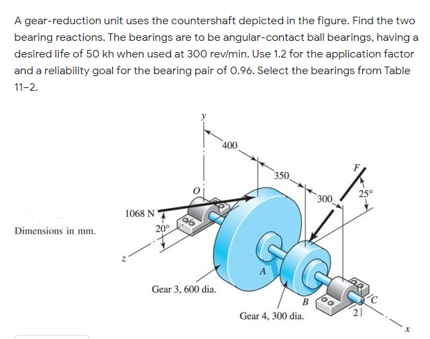 A gear-reduction unit uses the countershaft depicted in the figure. Find the two
bearing reactions. The bearings are to be angular-contact ball bearings, having a
desired life of 50 kh when used at 300 rev/min. Use 1.2 for the application factor
and a reliability goal for the bearing pair of 0.96. Select the bearings from Table
11-2.
400
350
25°
300
1068 N T
20°
Dimensions in mm.
Gear 3, 600 dia.
B
Gear 4, 300 dia.
