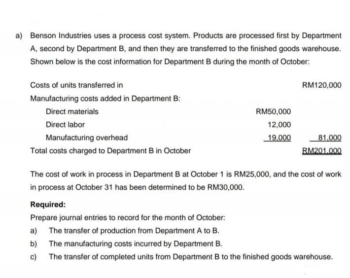 a) Benson Industries uses a process cost system. Products are processed first by Department
A, second by Department B, and then they are transferred to the finished goods warehouse.
Shown below is the cost information for Department B during the month of October:
Costs of units transferred in
RM120,000
Manufacturing costs added in Department B:
Direct materials
RM50,000
Direct labor
12,000
Manufacturing overhead
19.000
81,000
Total costs charged to Department B in October
RM201.000
The cost of work in process in Department B at October 1 is RM25,000, and the cost of work
in process at October 31 has been determined to be RM30,000.
Required:
Prepare journal entries to record for the month of October:
a) The transfer of production from Department A to B.
b) The manufacturing costs incurred by Department B.
c)
The transfer of completed units from Department B to the finished goods warehouse.
