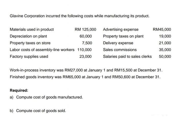 Glavine Corporation incurred the following costs while manufacturing its product.
Materials used in product
RM 125,000 Advertising expense
RM45,000
Depreciation on plant
60,000
Property taxes on plant
19,000
Property taxes on store
7,500
Delivery expense
21,000
Labor costs of assembly-line workers 110,000
Sales commissions
35,000
Factory supplies used
23,000
Salaries paid to sales clerks
50,000
Work-in-process inventory was RM27,000 at January 1 and RM15,500 at December 31.
Finished goods inventory was RM65,000 at January 1 and RM50,600 at December 31.
Required:
a) Compute cost of goods manufactured.
b) Compute cost of goods sold.
