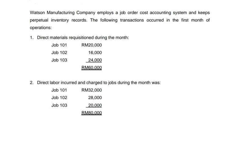 Watson Manufacturing Company employs a job order cost accounting system and keeps
perpetual inventory records. The following transactions occurred in the first month of
operations:
1. Direct materials requisitioned during the month:
Job 101
RM20,000
Job 102
16,000
Job 103
24,000
RM60.000
2. Direct labor incurred and charged to jobs during the month was:
Job 101
RM32,000
Job 102
28,000
Job 103
20.000
RM80.000
