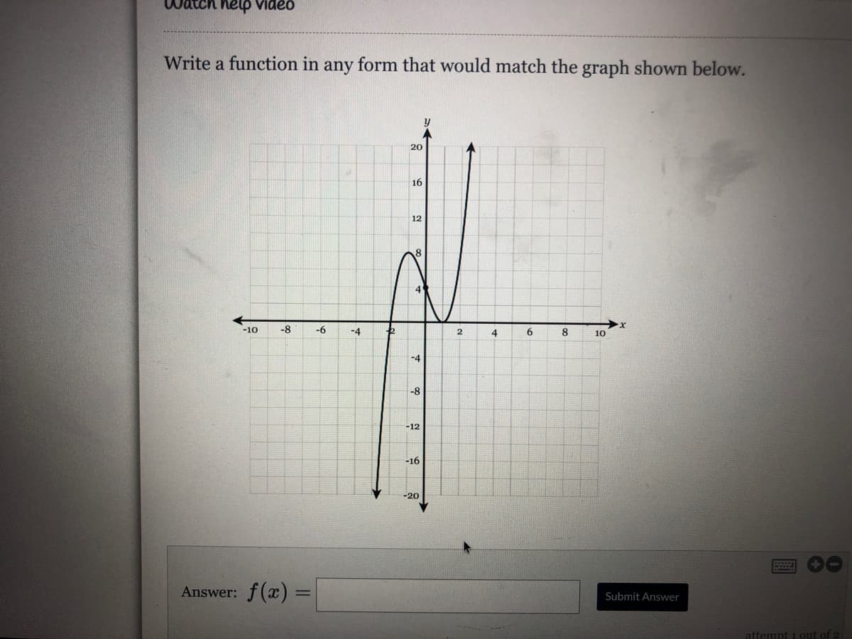 Watch help video
Write a function in any form that would match the graph shown below.
20
16
12
-10
-8
-6
-4
6.
8
10
-4
-8
-12
16
-20
Answer: f(x) =
Submit Answer
attempt 1 out
