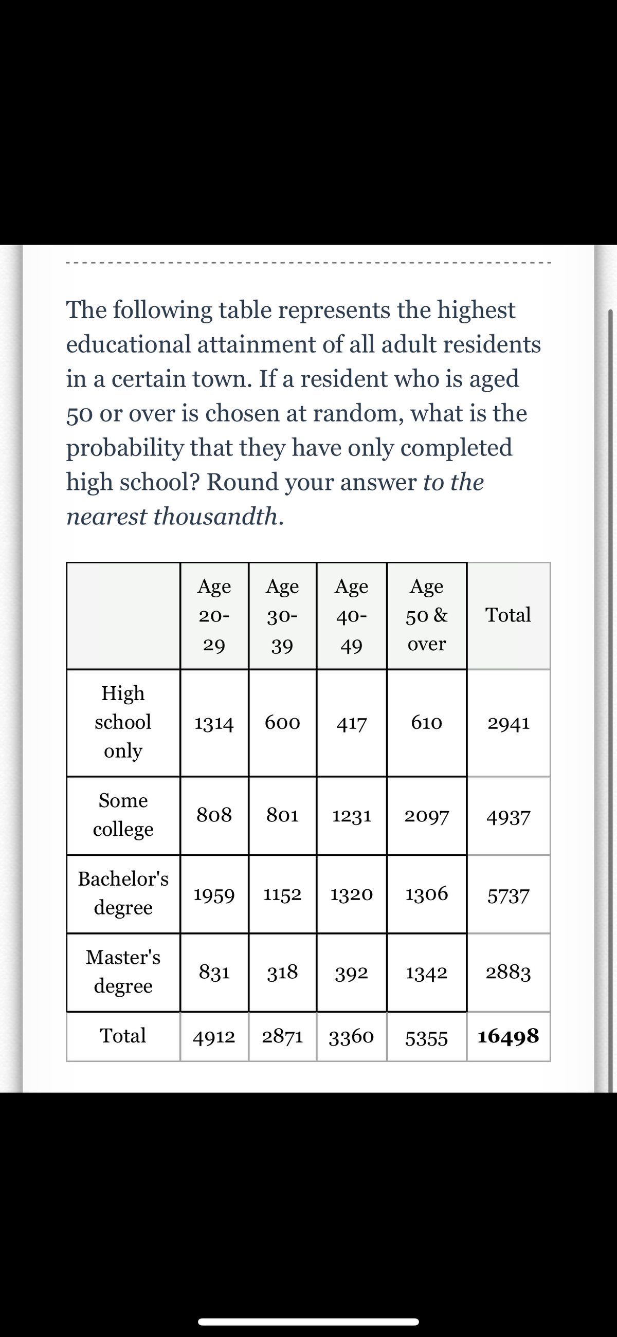 The following table represents the highest
educational attainment of all adult residents
in a certain town. If a resident who is aged
50 or over is chosen at random, what is the
probability that they have only completed
high school? Round your answer to the
nearest thousandth.
High
school
only
Some
college
Bachelor's
degree
Age
20-
29
Age Age Age
30-
40-
50 &
39
49
over
1314 600 417
808 801 1231 2097
1959 1152 1320
831
610
318
392
1306
Total
2941
Master's
degree
Total 4912 2871 3360 5355 16498
4937
5737
1342 2883