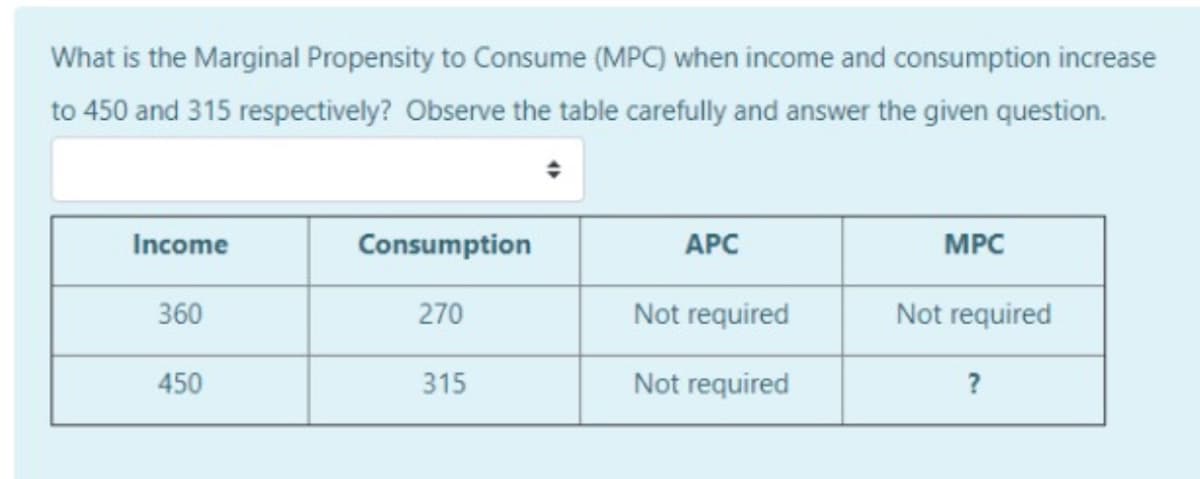What is the Marginal Propensity to Consume (MPC) when income and consumption increase
to 450 and 315 respectively? Observe the table carefully and answer the given question.
Income
Consumption
АРС
MPC
360
270
Not required
Not required
450
315
Not required
?
