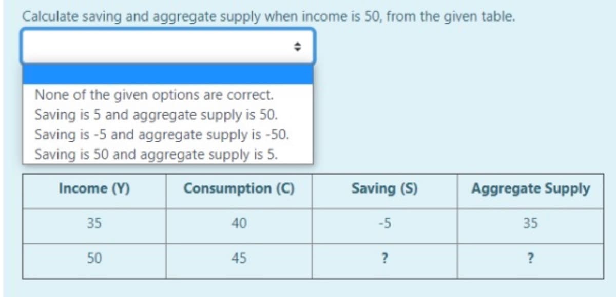 Calculate saving and aggregate supply when income is 50, from the given table.
None of the given options are correct.
Saving is 5 and aggregate supply is 50.
Saving is -5 and aggregate supply is -50.
Saving is 50 and aggregate supply is 5.
Income (Y)
Consumption (C)
Saving (S)
Aggregate Supply
35
40
-5
35
50
45
?
?
